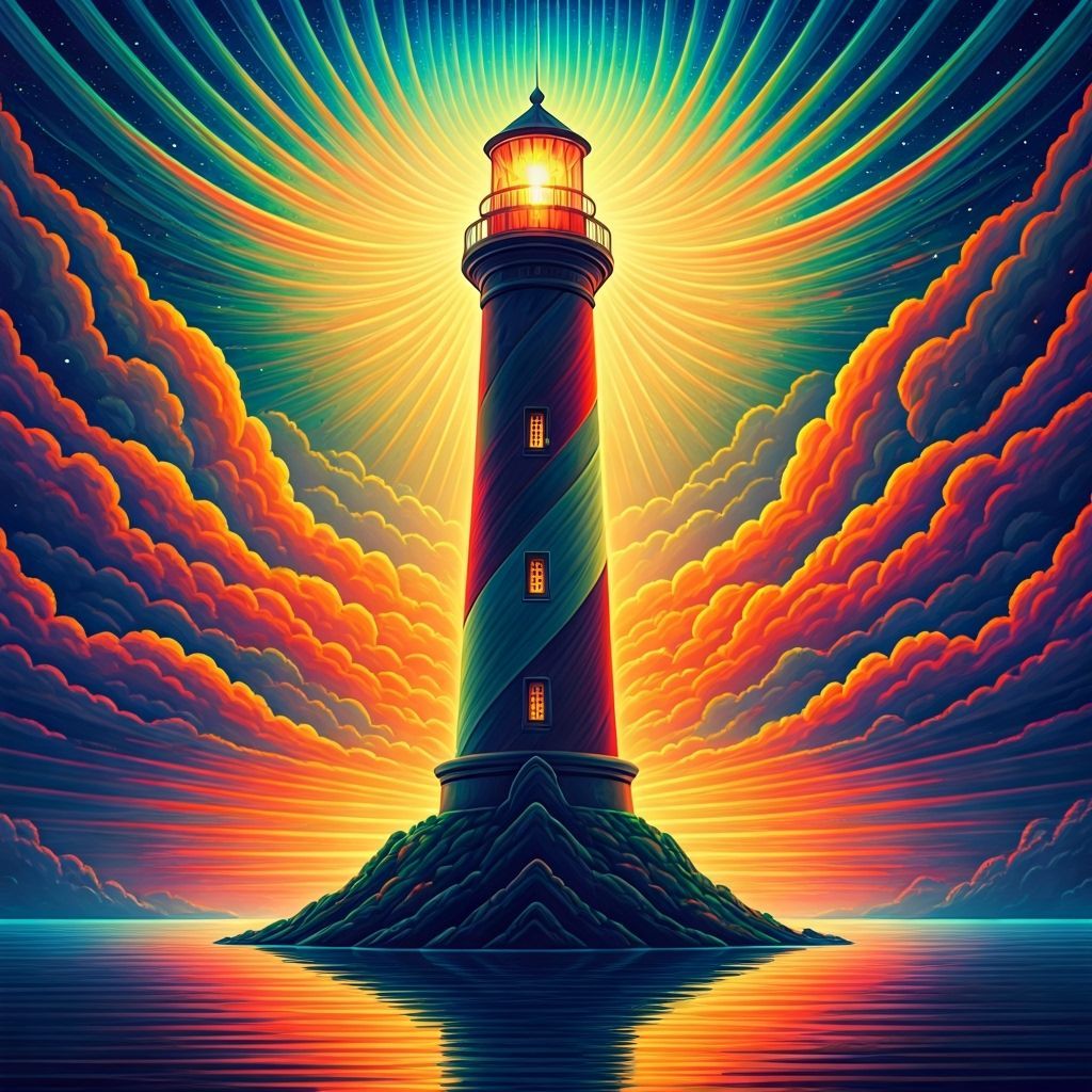 Rainbow Lighthouse with Astral Clouds in Mixed Media
