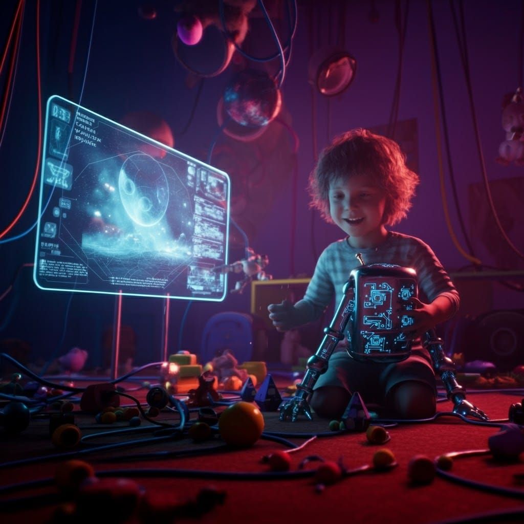 Child and Robot in Futuristic Playroom, Hyper-Realistic Styl...