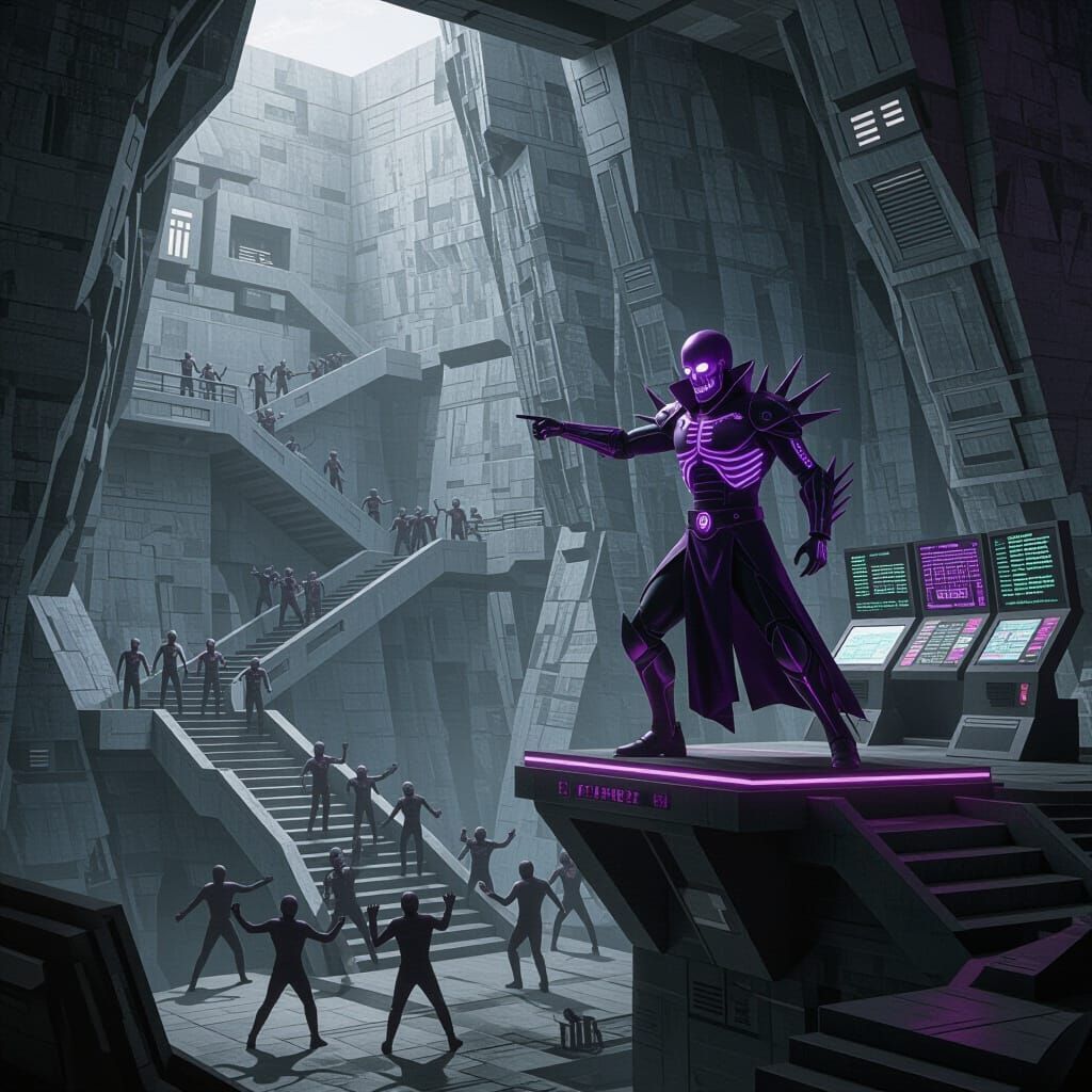 Surreal Villain Lair on Cliffside with Skeletal Supervillain