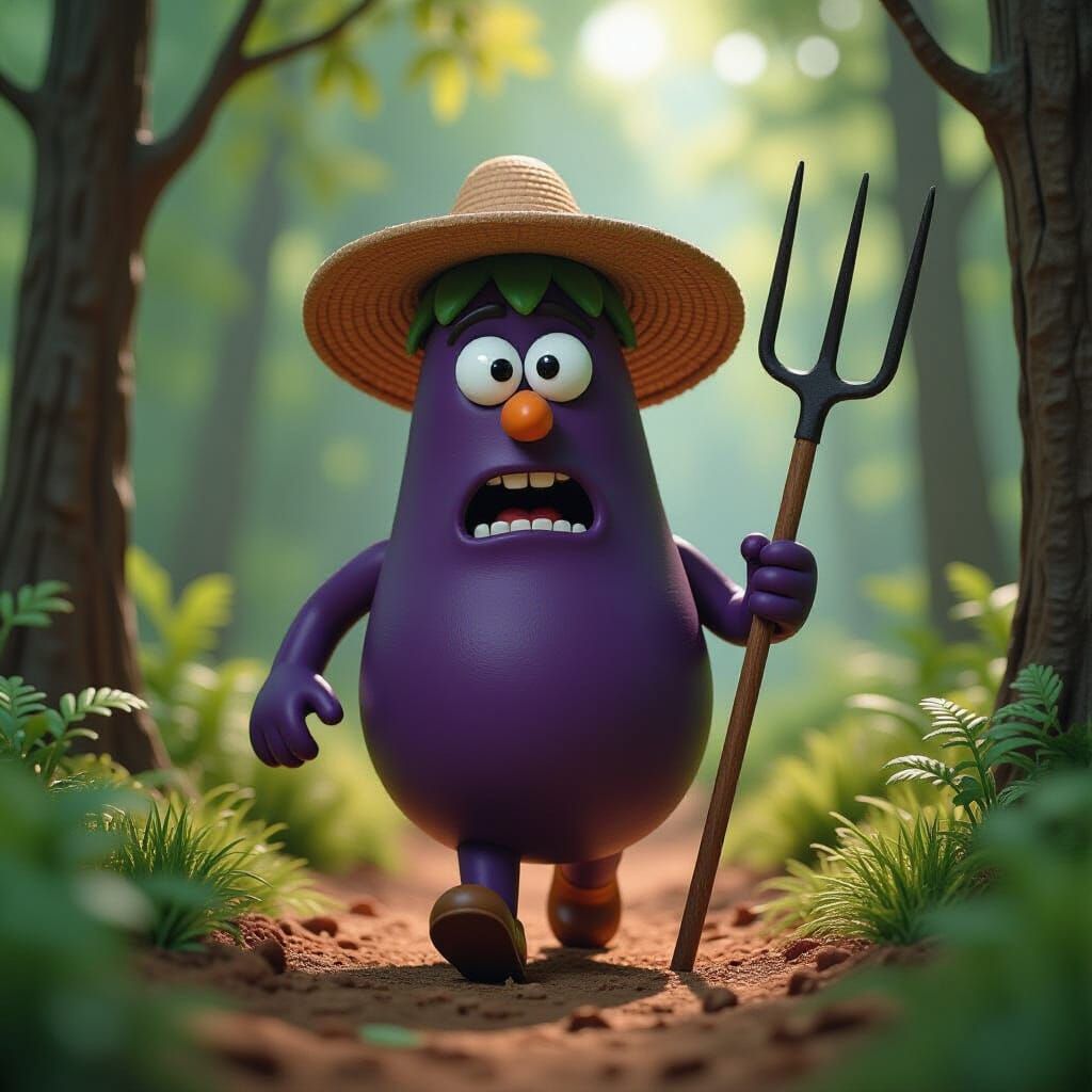 Claymation Eggplant Character in Forest