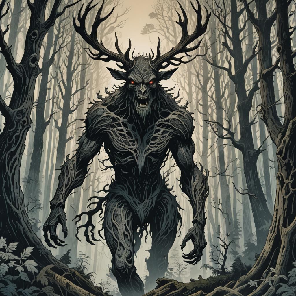 Eerie Wendigo in Forest: Woodblock Print Style