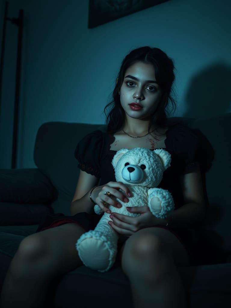 Creepy Teen Girl with Bloody Hand Holds Teddy Bear