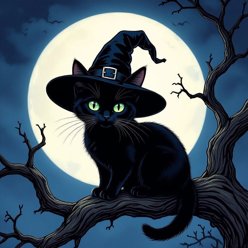 Black Cat in Witch Hat Under Moonlight
