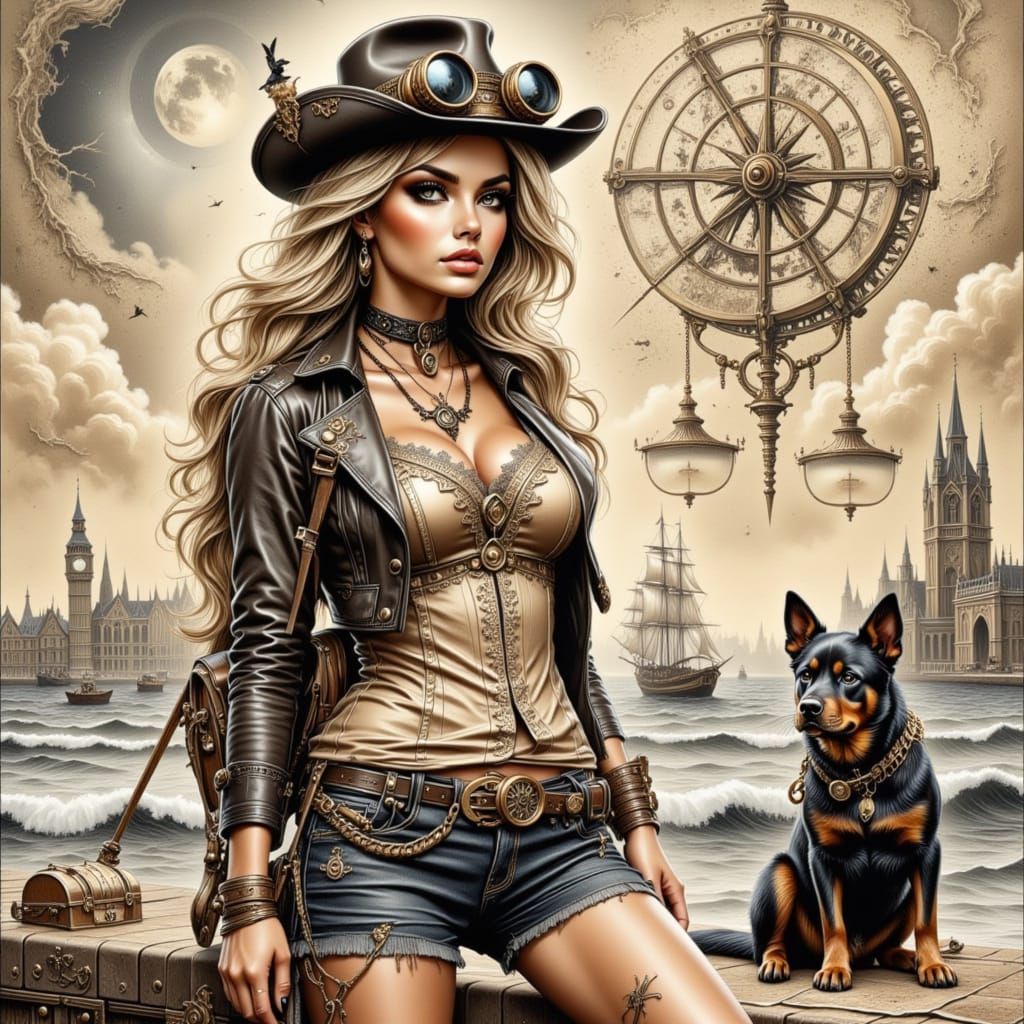 Steampunk Treasure Hunter with Rottweiler and Compass