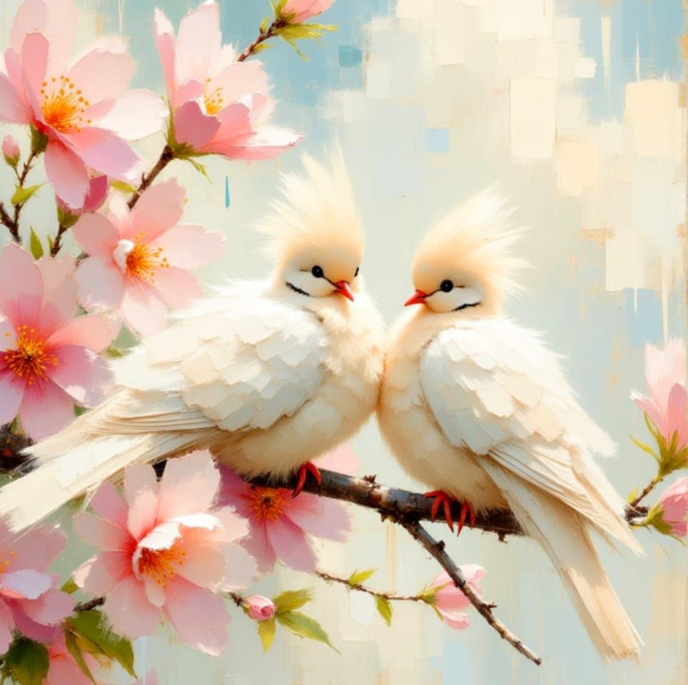 Doves Snuggled Among Pink Blossoms in Watercolor Style