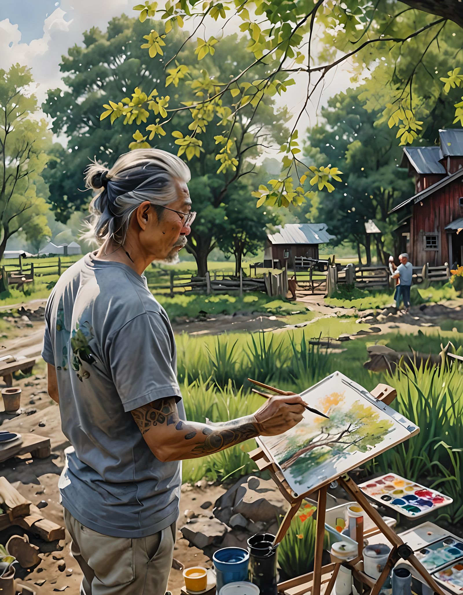 Asian Artist Painting En Plein Air Watercolor