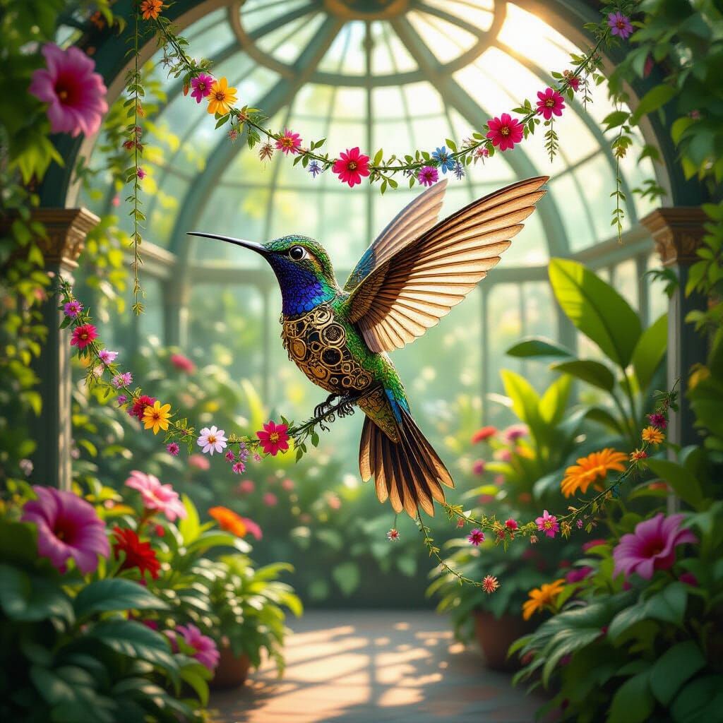 Clockwork Hummingbird in Conservatory, Steampunk Art