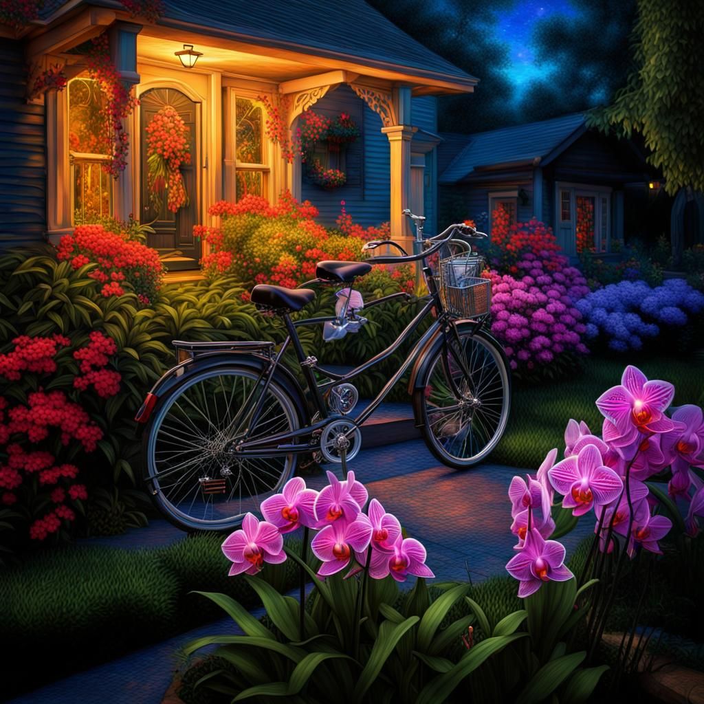 Black Light Backyard Scene with Decorated Bicycle