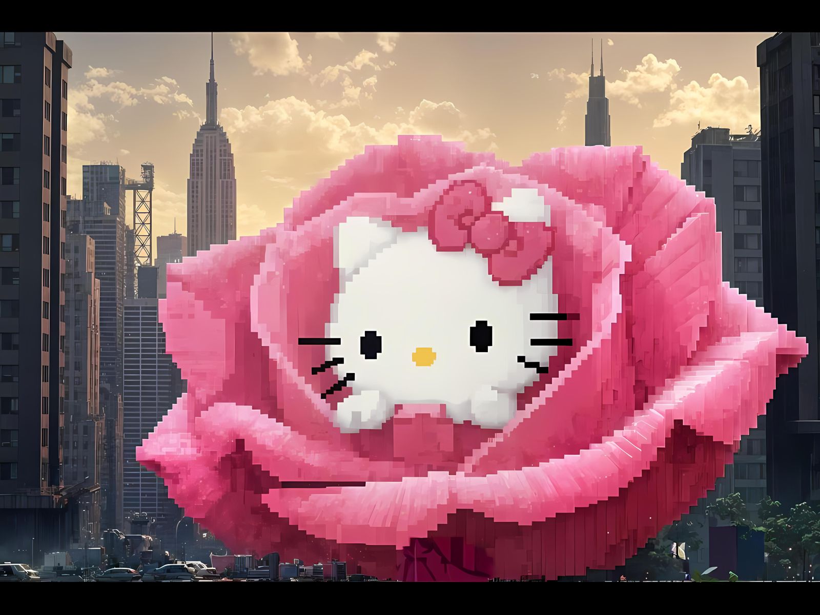 Hello Kitty in Pixel Rose: Dystopian Manhattan
