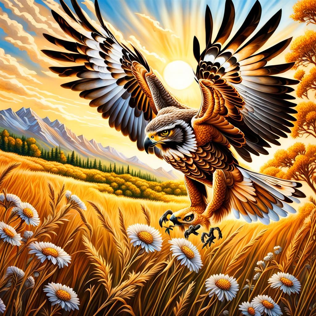 Fierce Hawk Soaring Over Summer Meadow