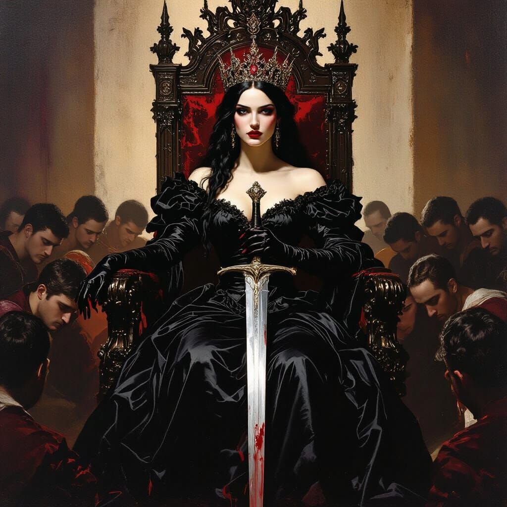 Dark Goddess on Throne with Sword in Baroque Style