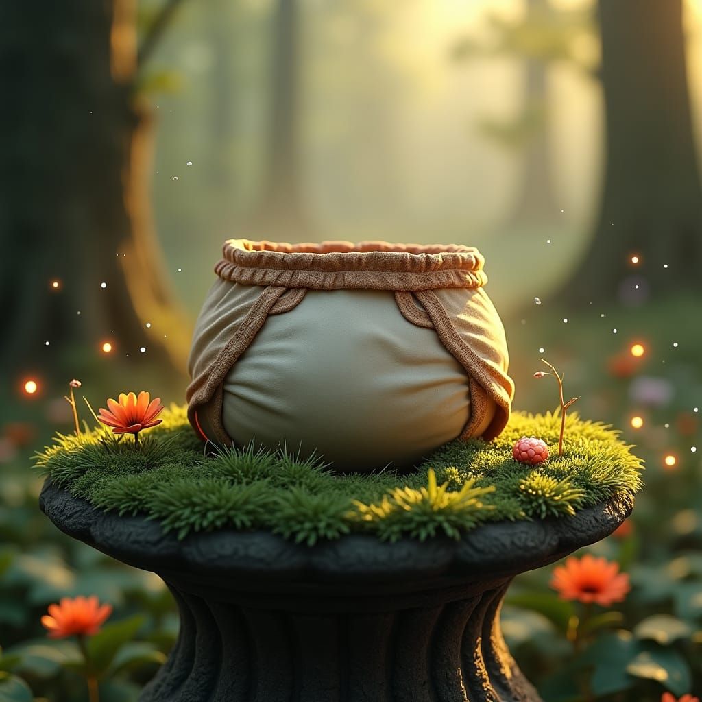 Vintage Diaper on Moss Pedestal, Fantasy Concept Art