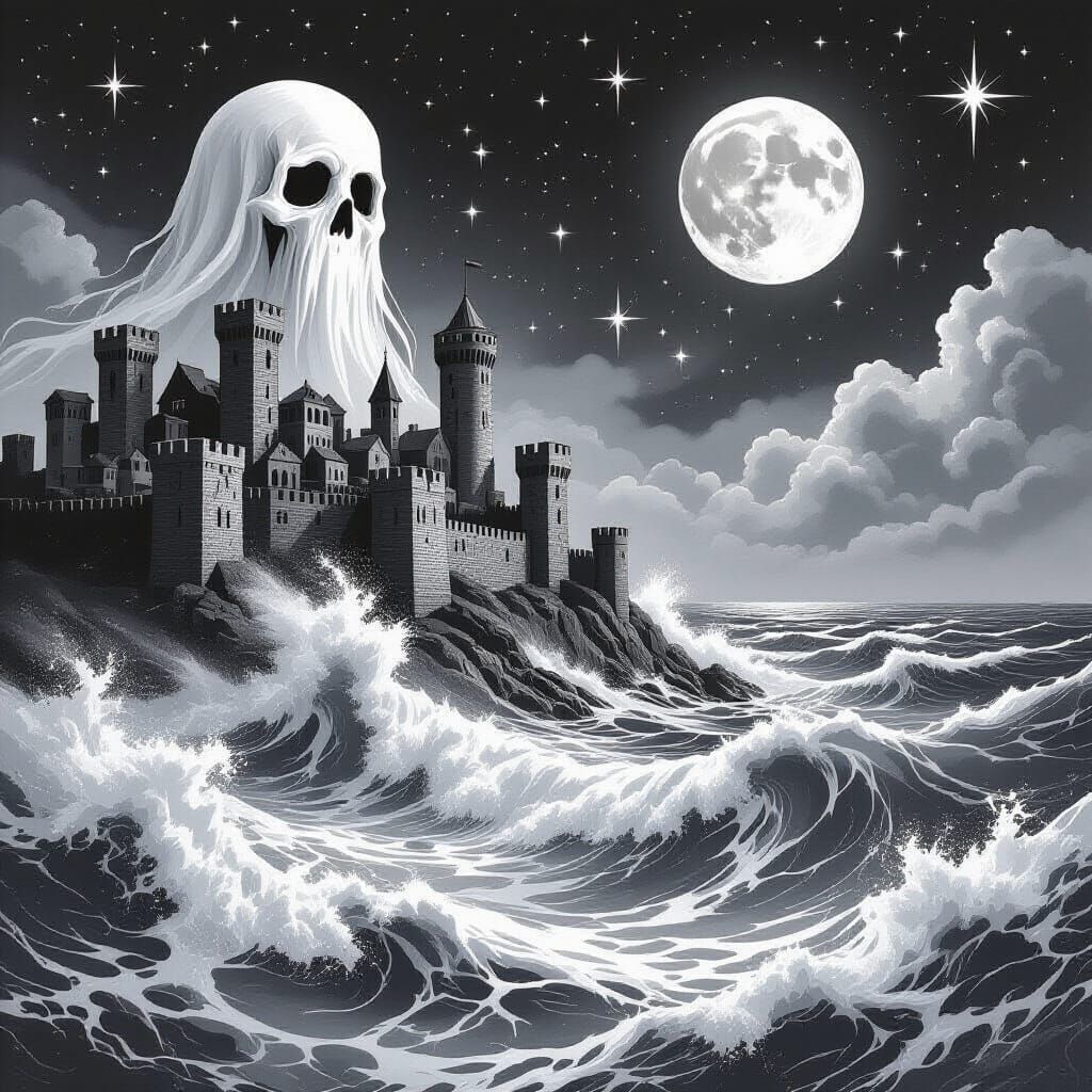 Floating Ghost Town Above Stormy Seas Under Moonlight