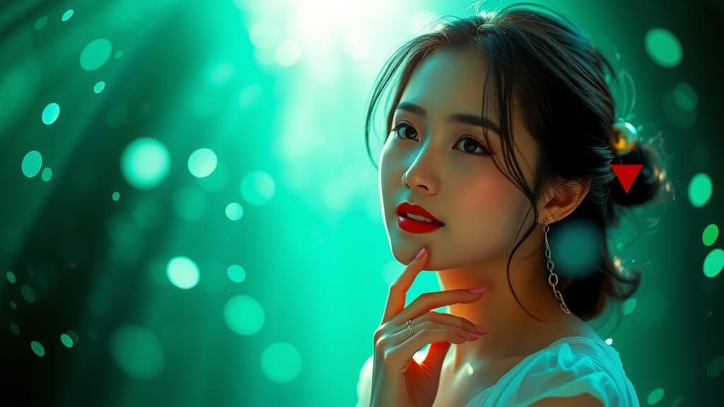 Enchanted Asian Muse in Luminous Green Glow