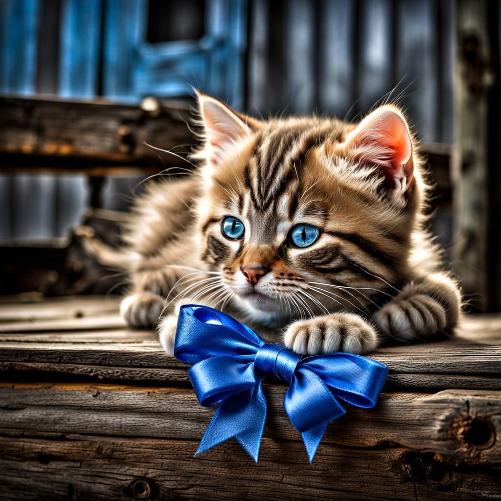 Adorable Fluffy Kitten with Blue Bow on Wooden Table