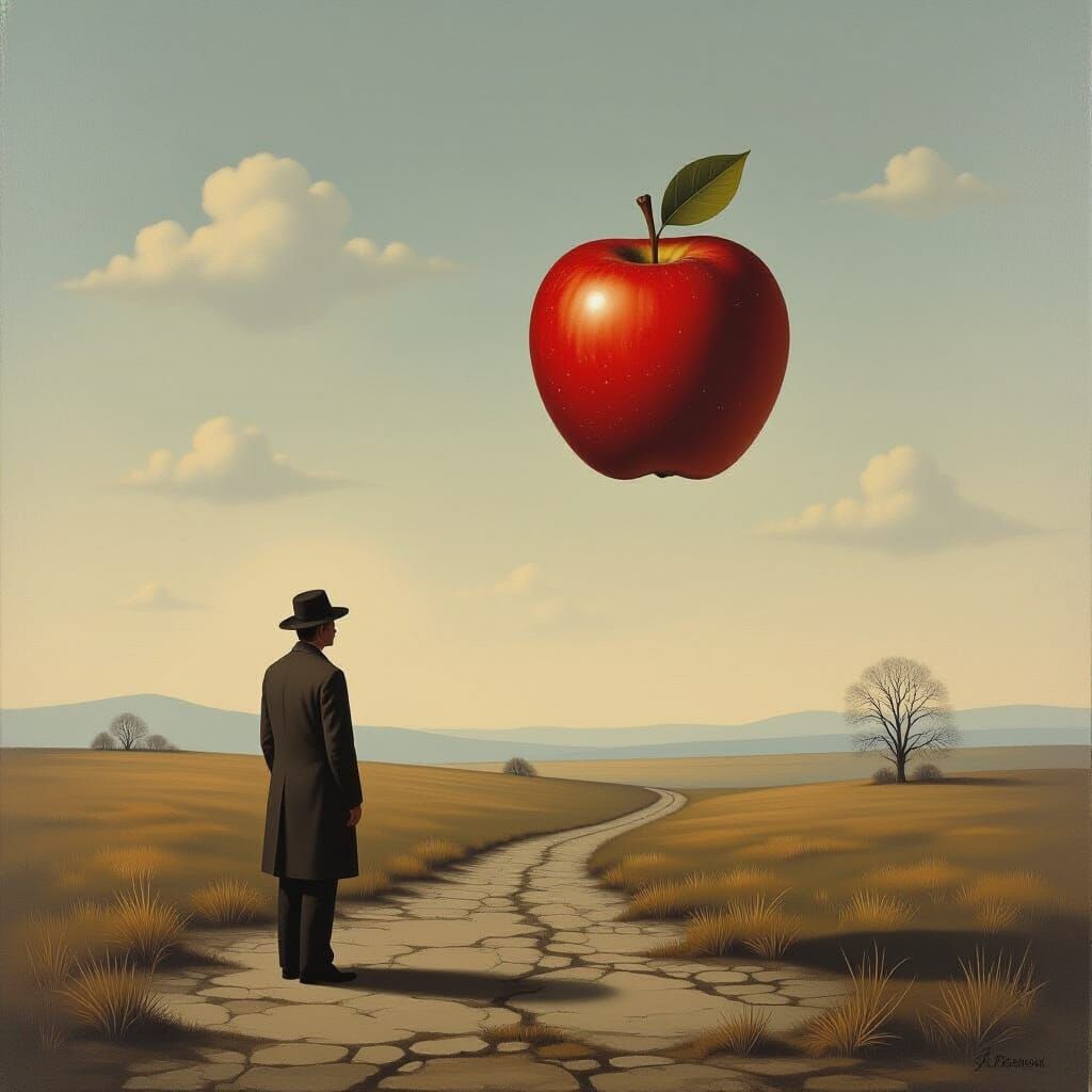 Surrealist Oil Painting of a Figure and Floating Apple
