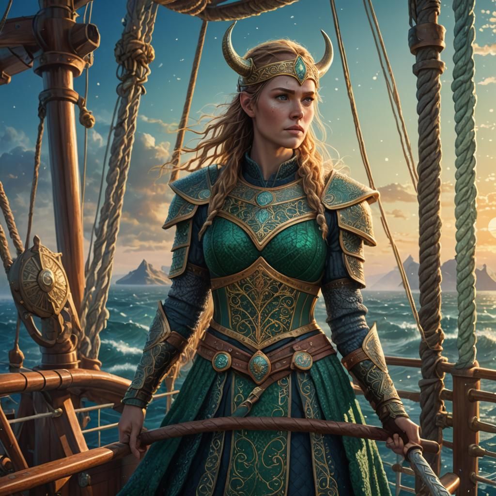 Viking Woman on Ship at Dawn, Pointillist Style