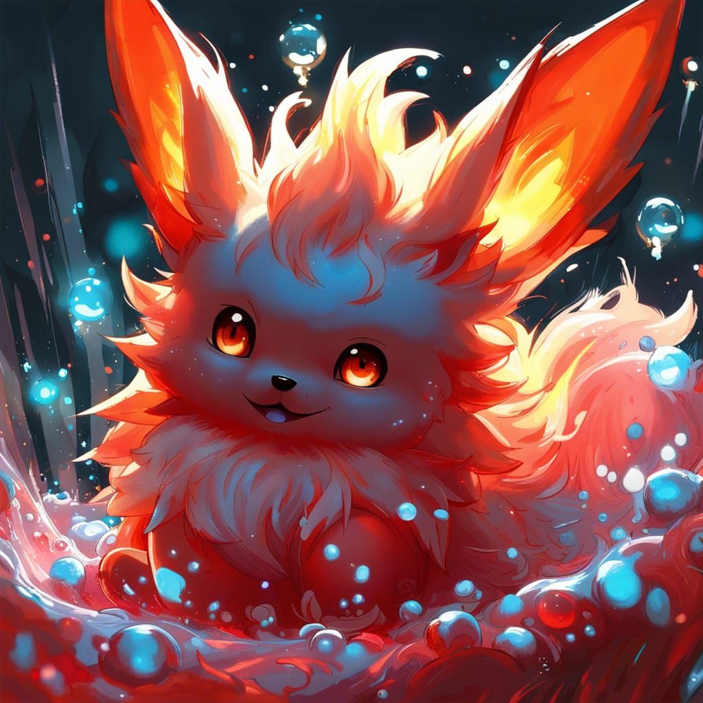 Flareon in Bioluminescent Fairy Oasis with Fire