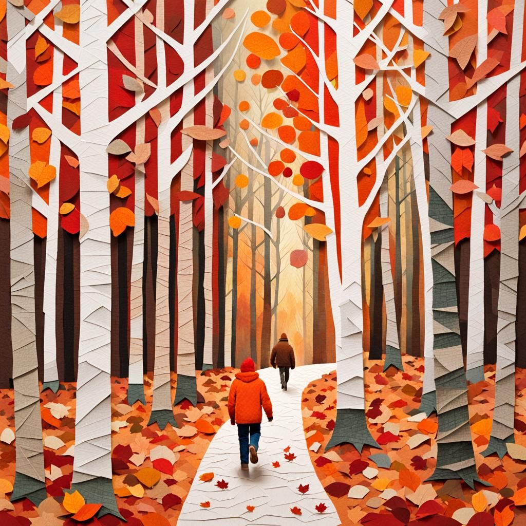 Autumn Forest Walk in Paper Collage Style