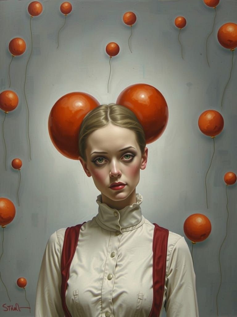 Surrealist Figure Holding Clown Head