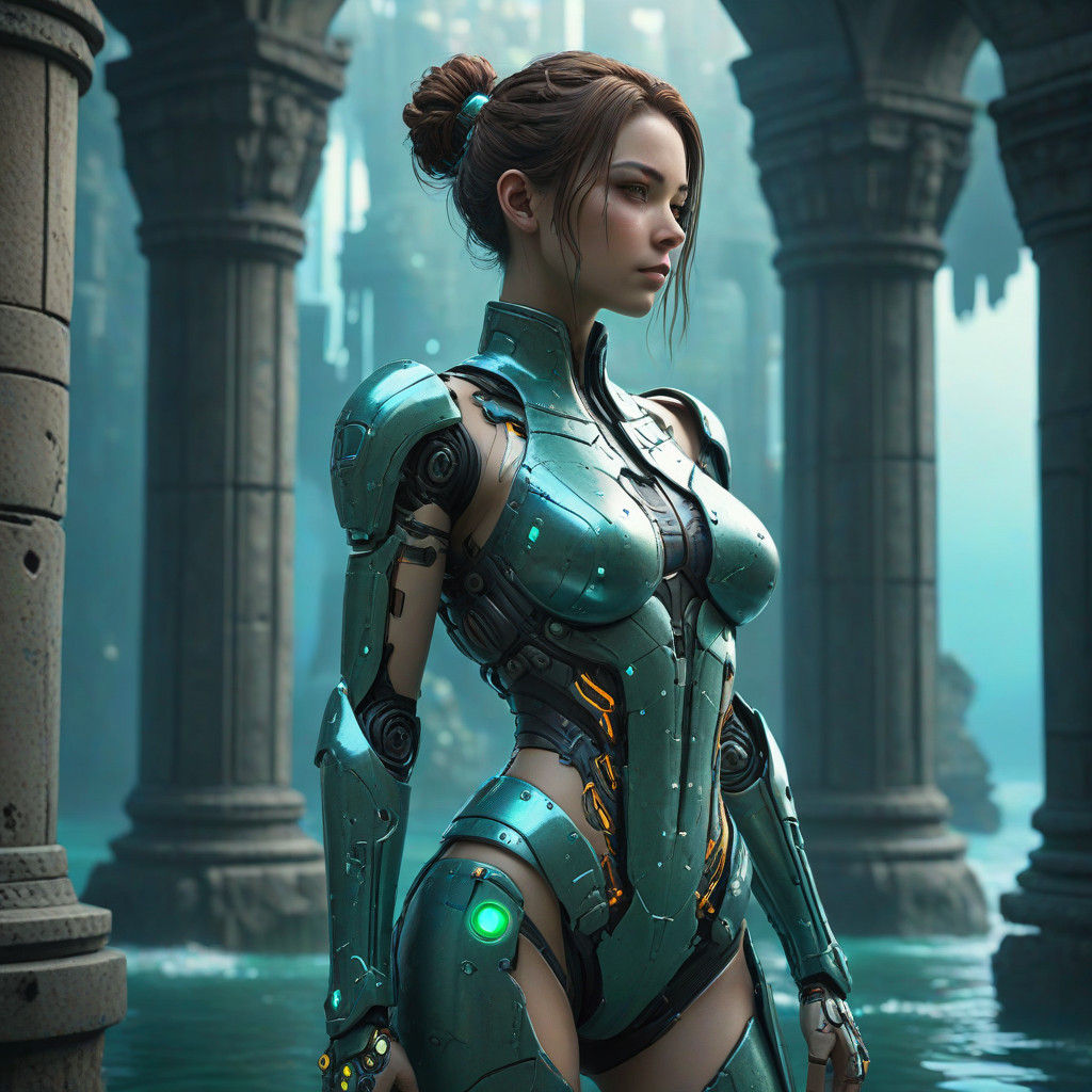 Cyborg Warrior in Futuristic Castle Amidst Vibrant Ocean