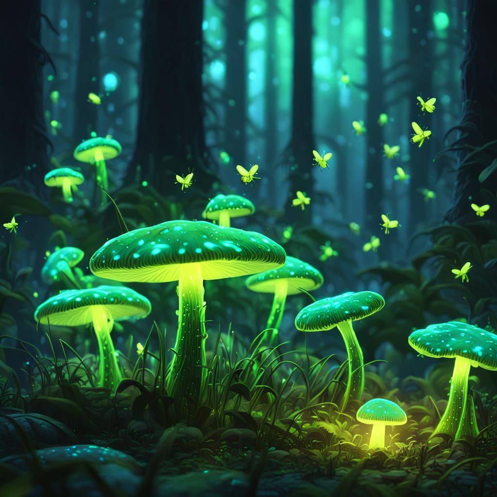 Neon Fireflies in Mystical Anime Forest