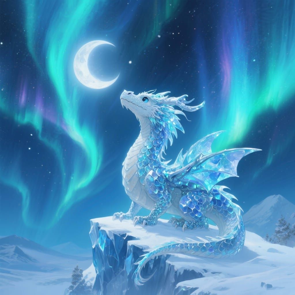 Snow Dragon With Crystal Scales Gazes At Aurora Borealis