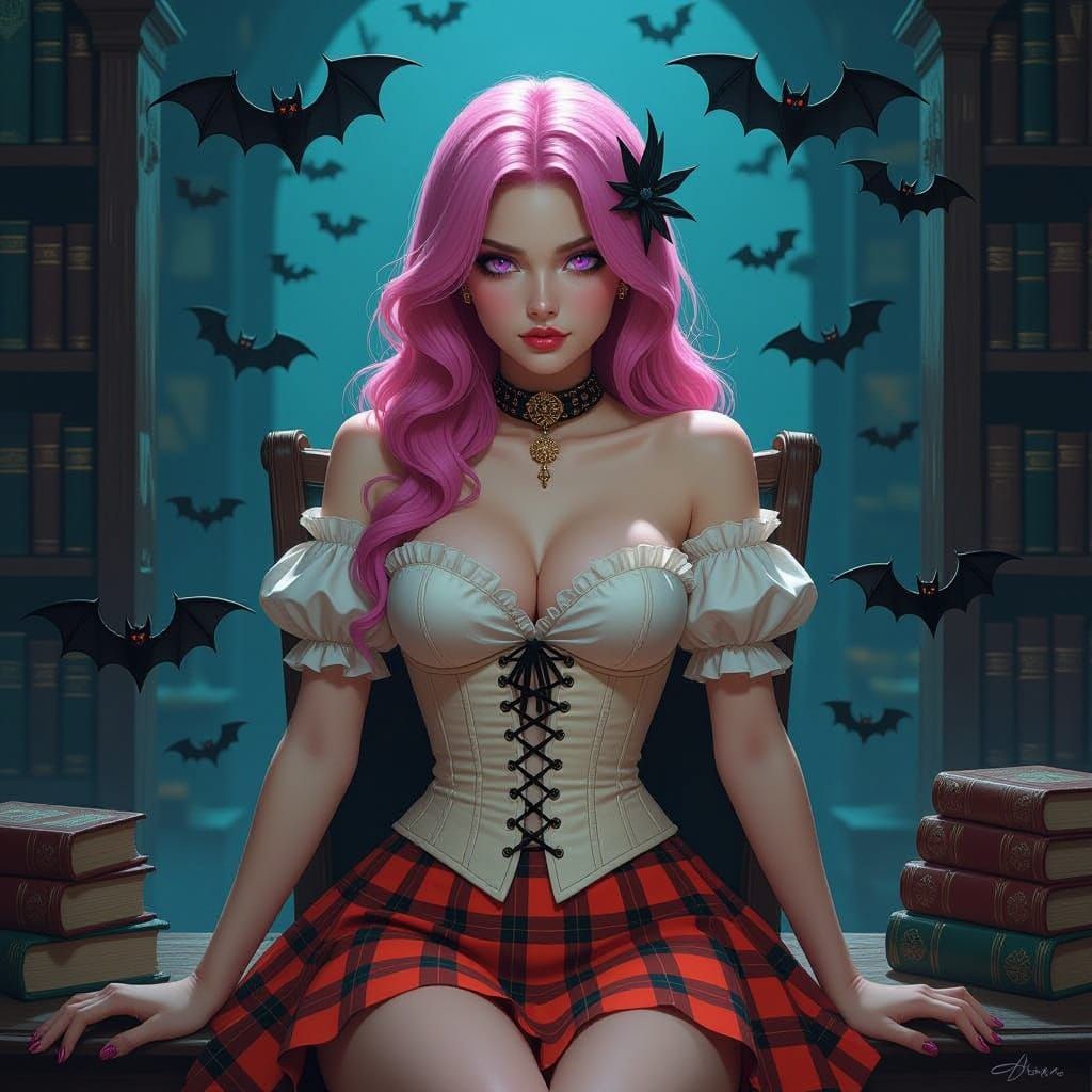 Dark Fantasy Art: Woman Reading Amidst Bats and Books