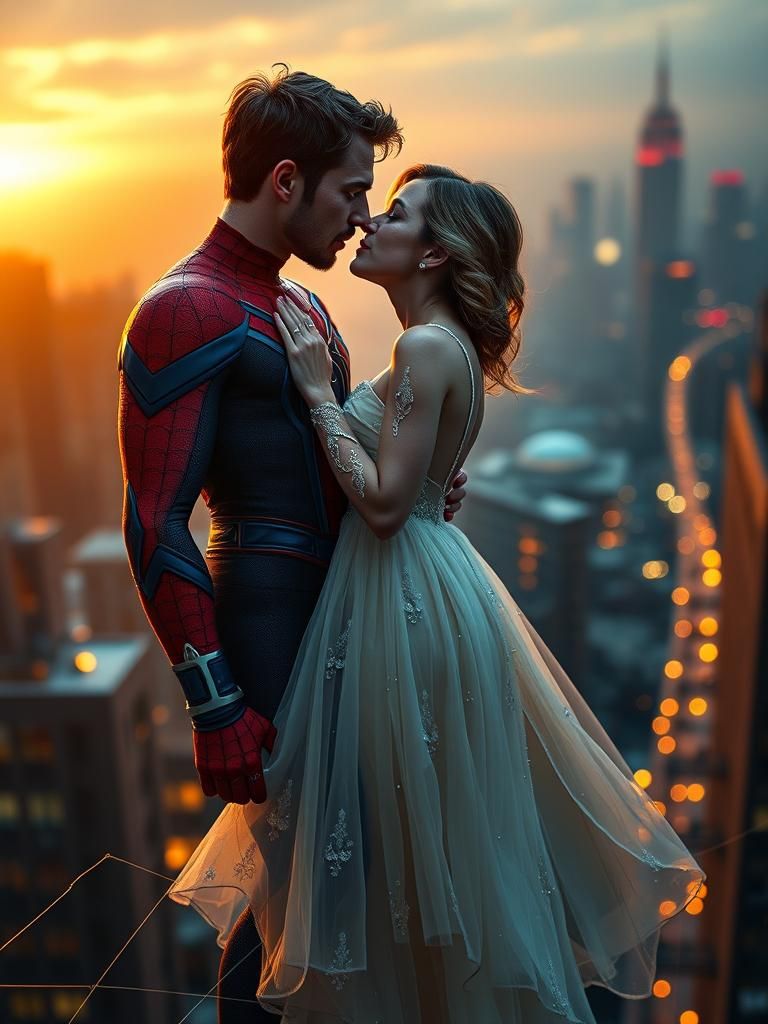 Spider-Man and Mary Jane's Romantic Sunset Kiss