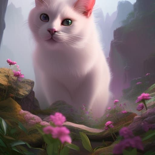 Cute White Cat with Pink Cheeks in Detailed Digital Art