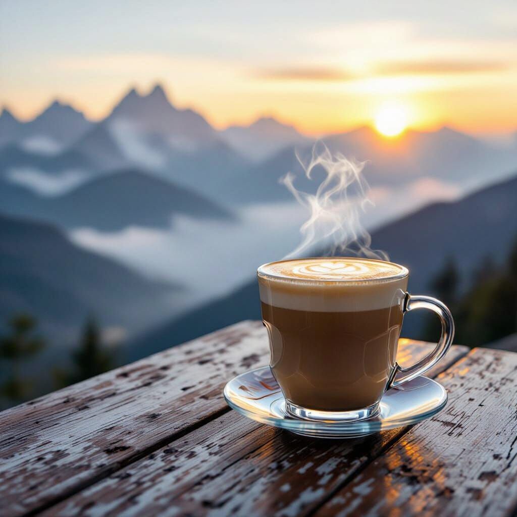 Latte Overlooking Misty Mountains in Hyperrealistic Style