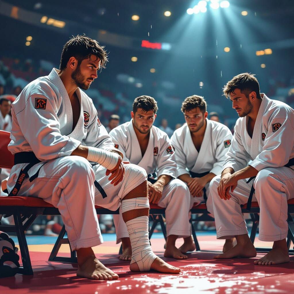 Injured Karate Athlete Watches Team in Futuristic Style