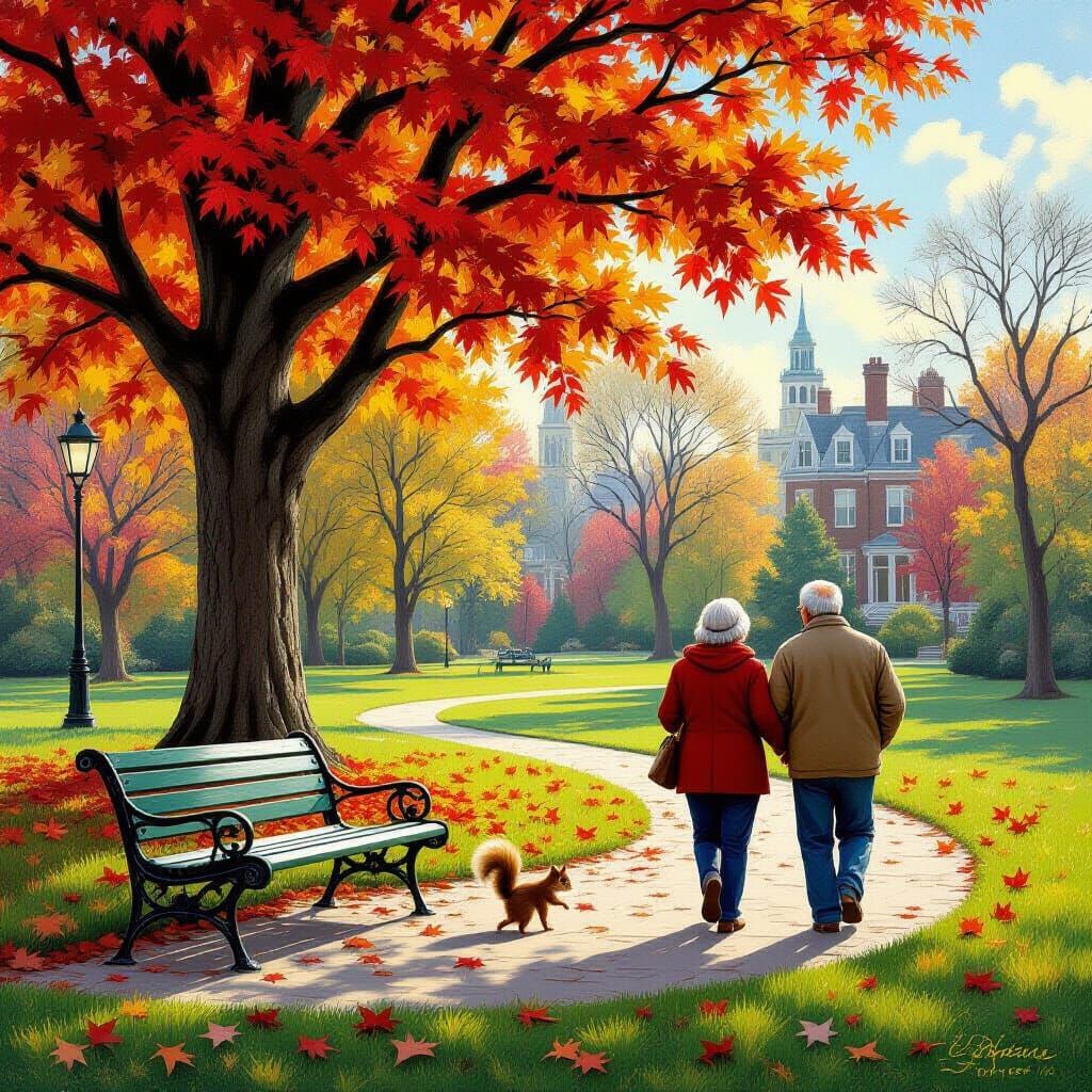 Small Town Park Scene in Luminist Style