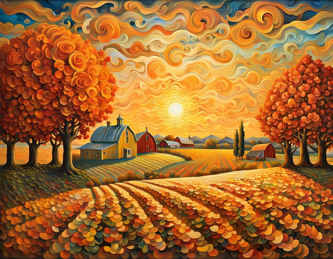 Autumn Farm Sunset in Impressionist Style