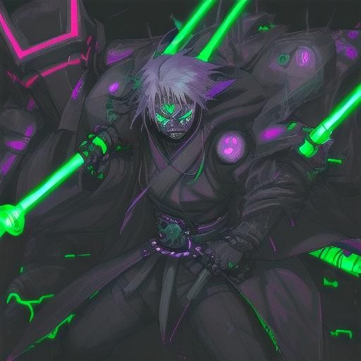 Cyberpunk Sith Lord with Neon Runes and Lightsabers
