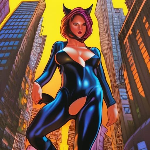 Giantess Catwoman Walks Through City: Comic Book Art