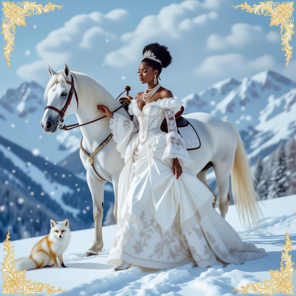 Baroque Woman with Horse and Fox in Snowy Landscape
