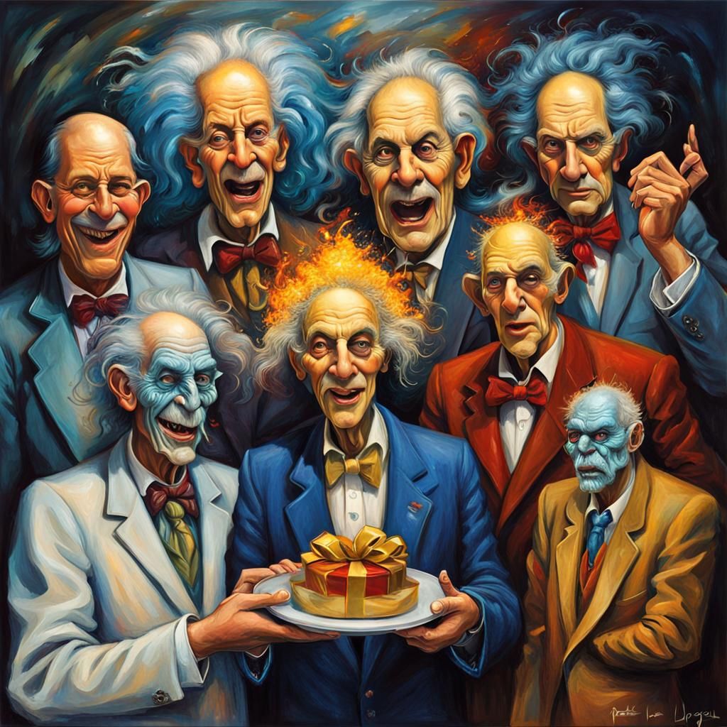 Cosmic Characters at Housewarming Party as Oil Painting