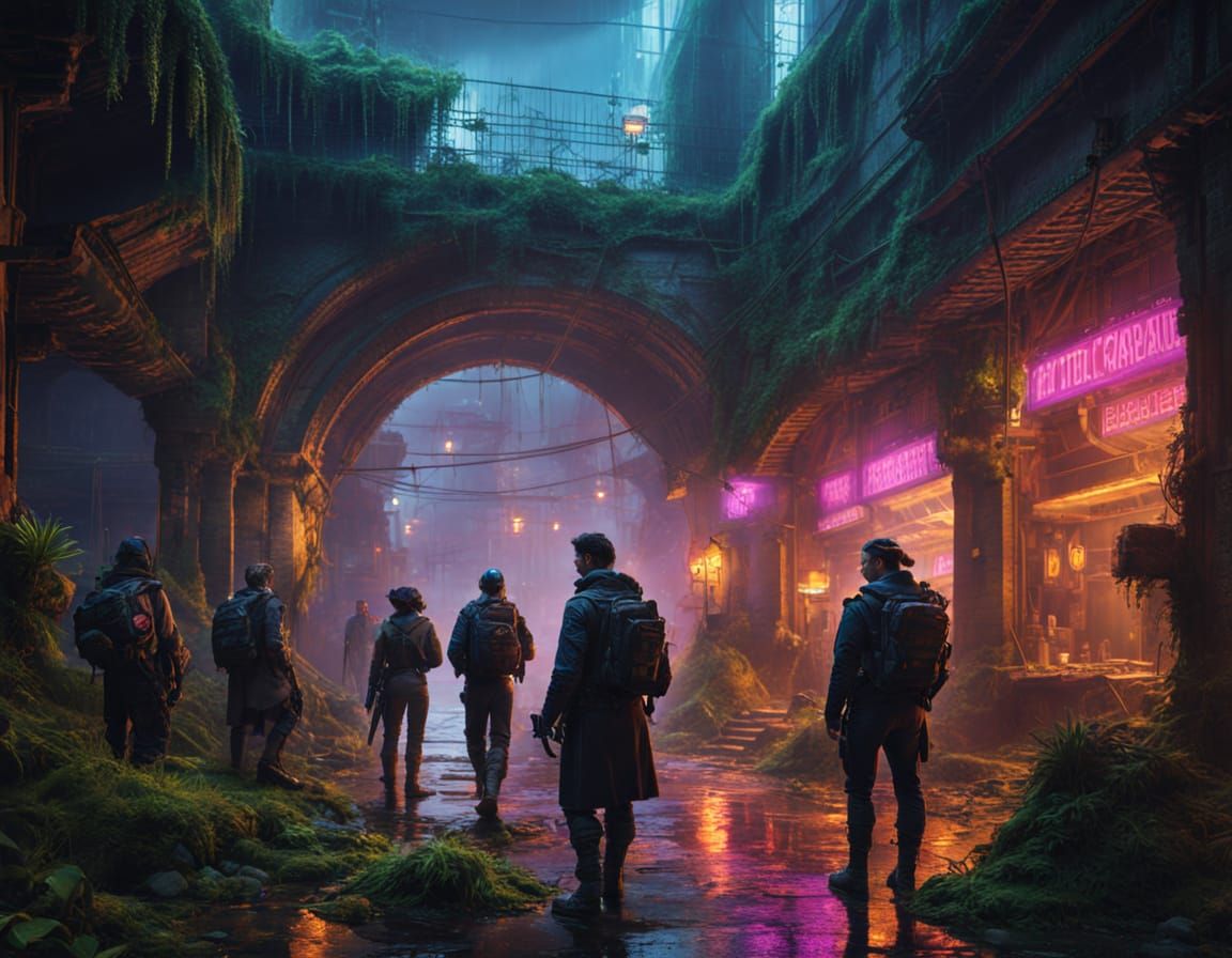 Cyberpunk Utopia Ruins with Neon Lights