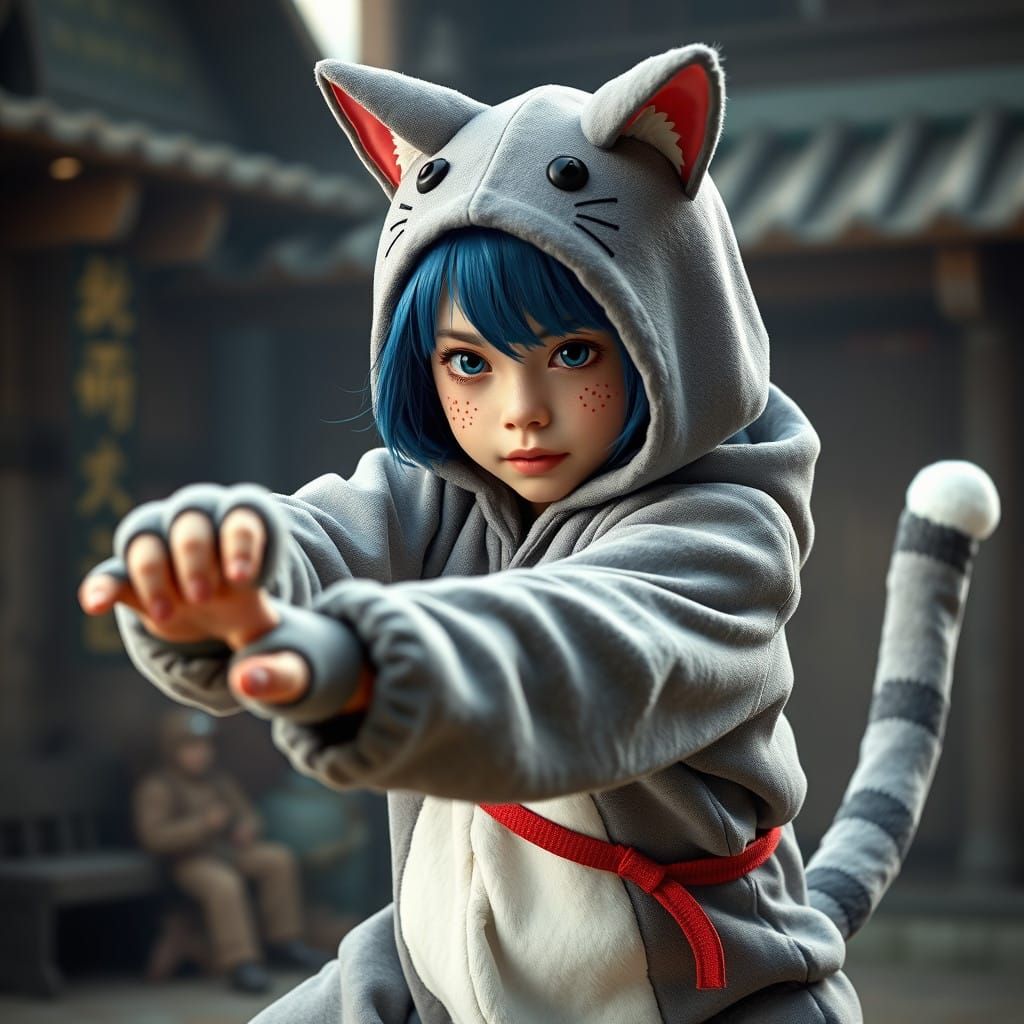 Charming Girl Executes Dynamic Karate Move in Realistic Fant...