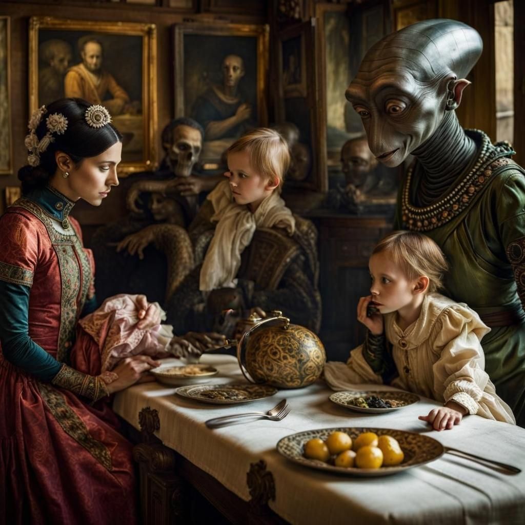 Surreal Restaurant Scene with Beautiful Aliens