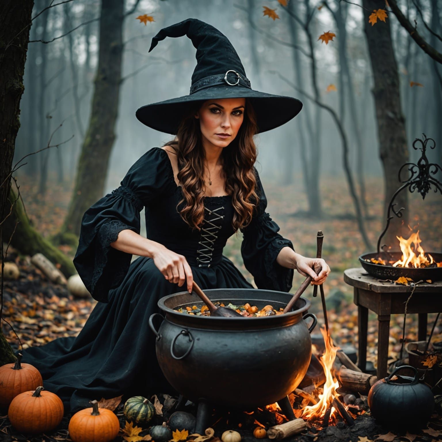 Enchanting Witch Brews Potion in Cauldron