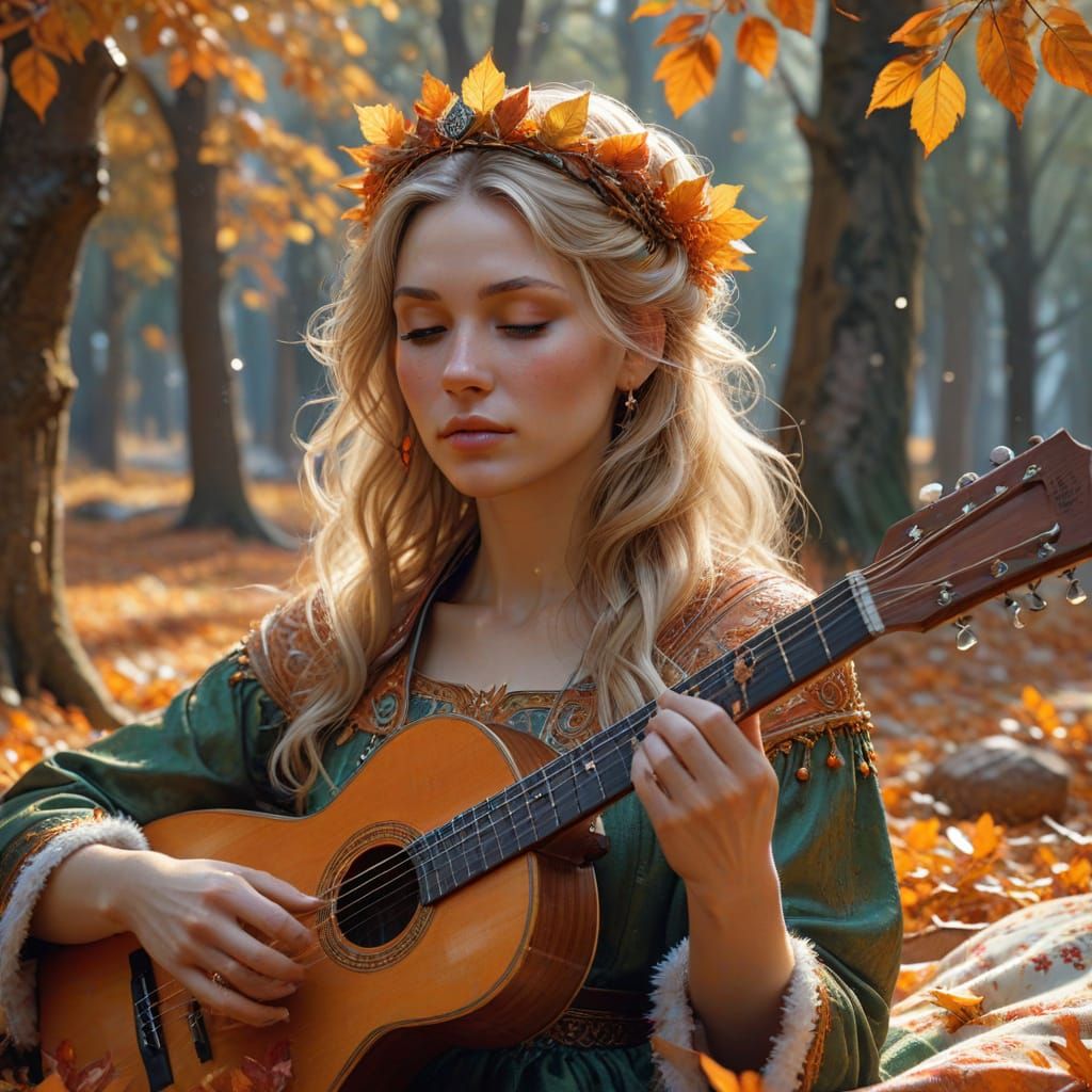Fantasy Realism: Woman Plays Guitar in Snowy Autumn Forest