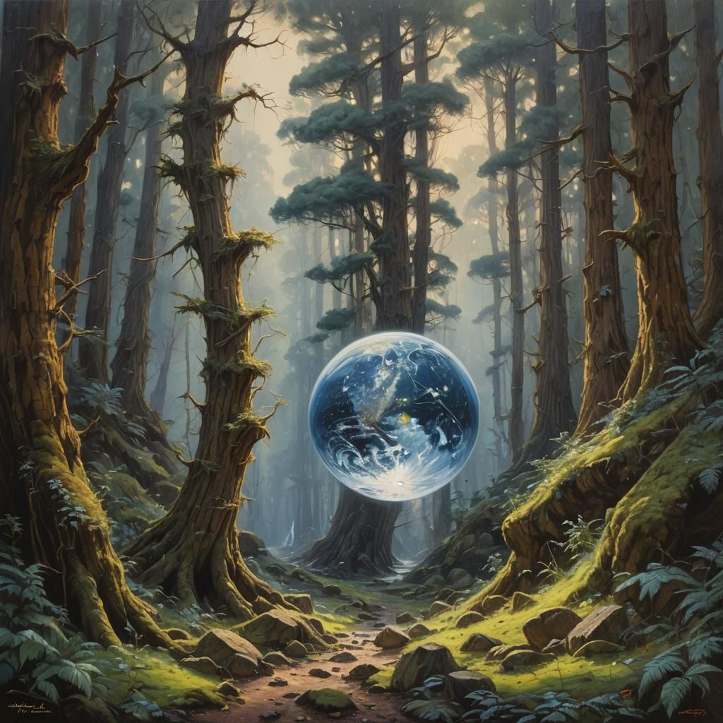 Enchanted Forest Inside Crystal Ball: Oil Painting
