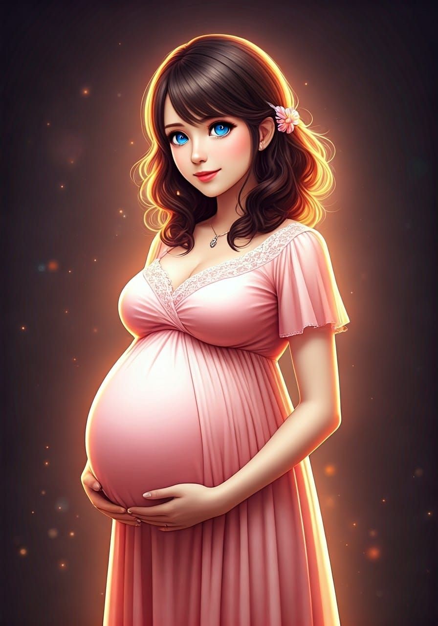 Anime Pregnant Woman in Pastel Pink Dress