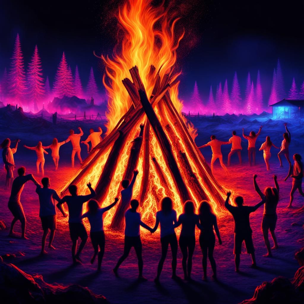 Black Light Art of Bonfire with Dancing Figures