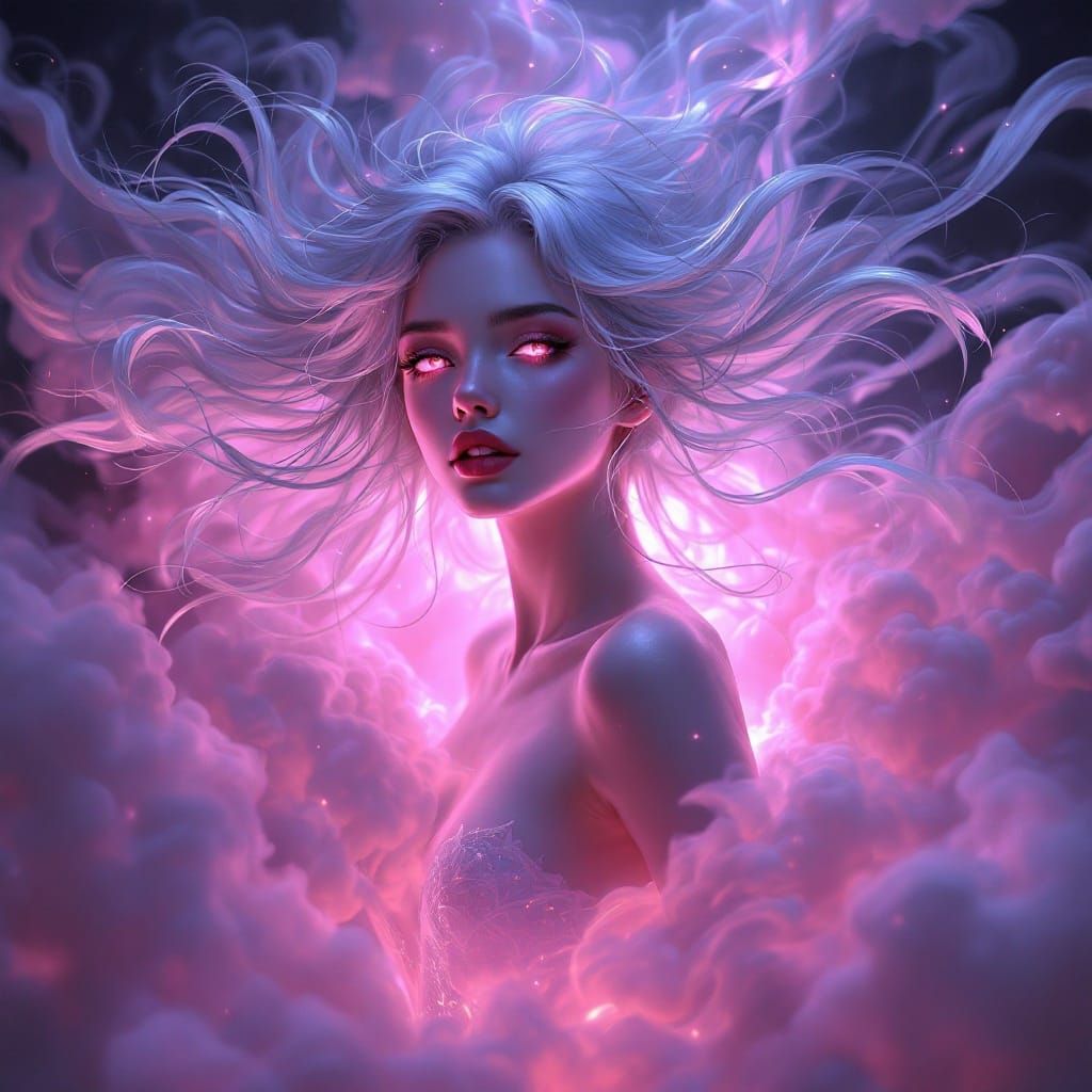 Ethereal Woman Emerges from Mystical Smoke