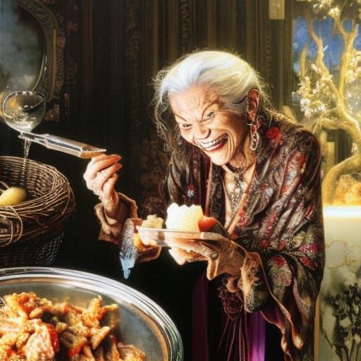 Creepy Old Woman's Maggot Dinner, Dark Fantasy Art