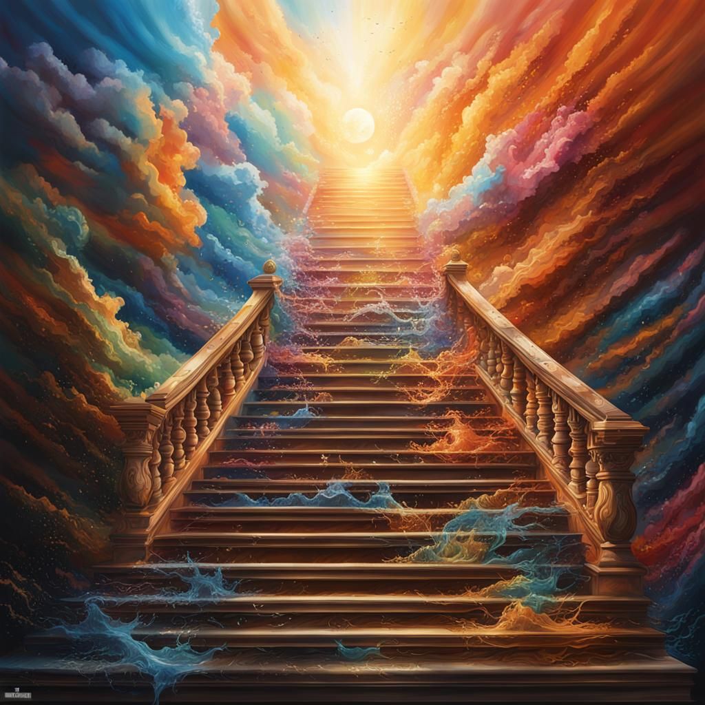 Hyperrealistic Staircase to Heaven in Splash Art Style