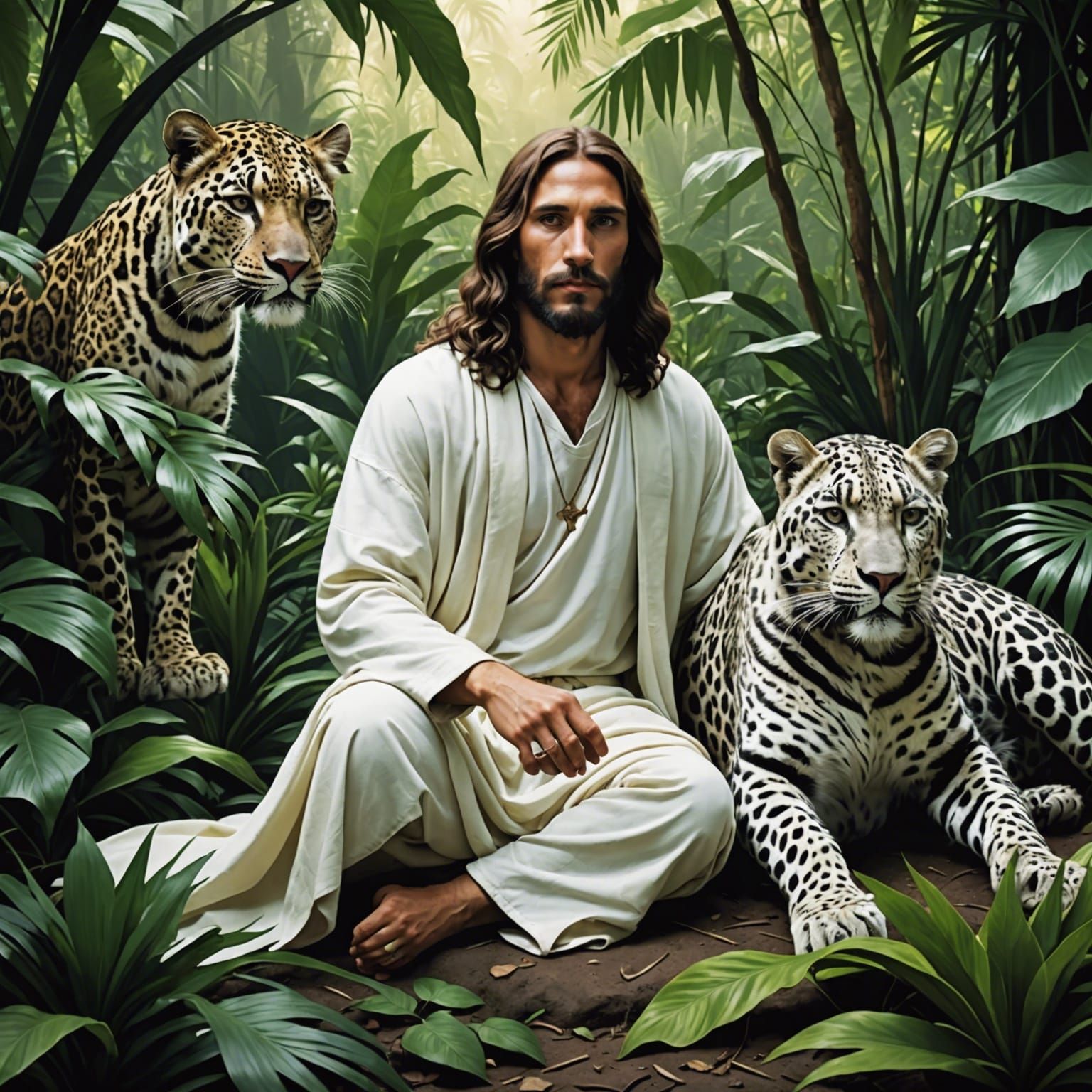 Jesus and Black Leopard in Jungle Setting
